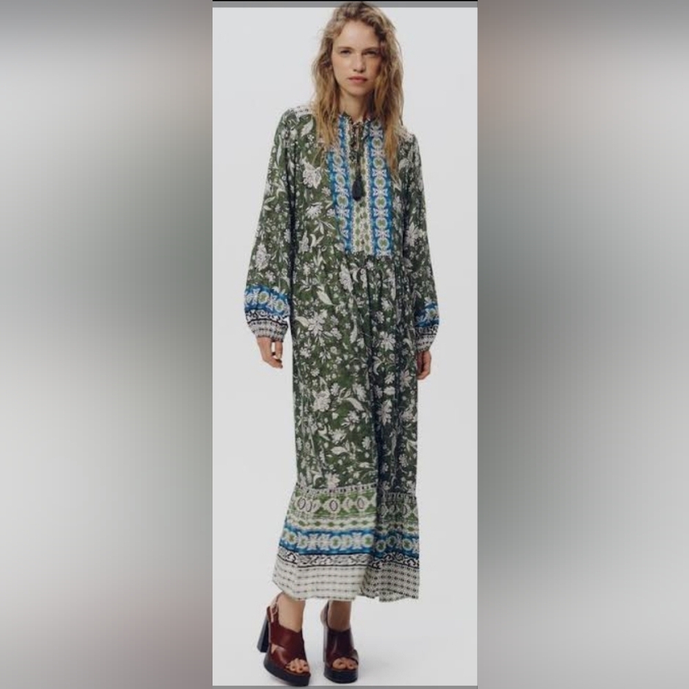 Zara Olive and Azure Patterned Midi Dress
